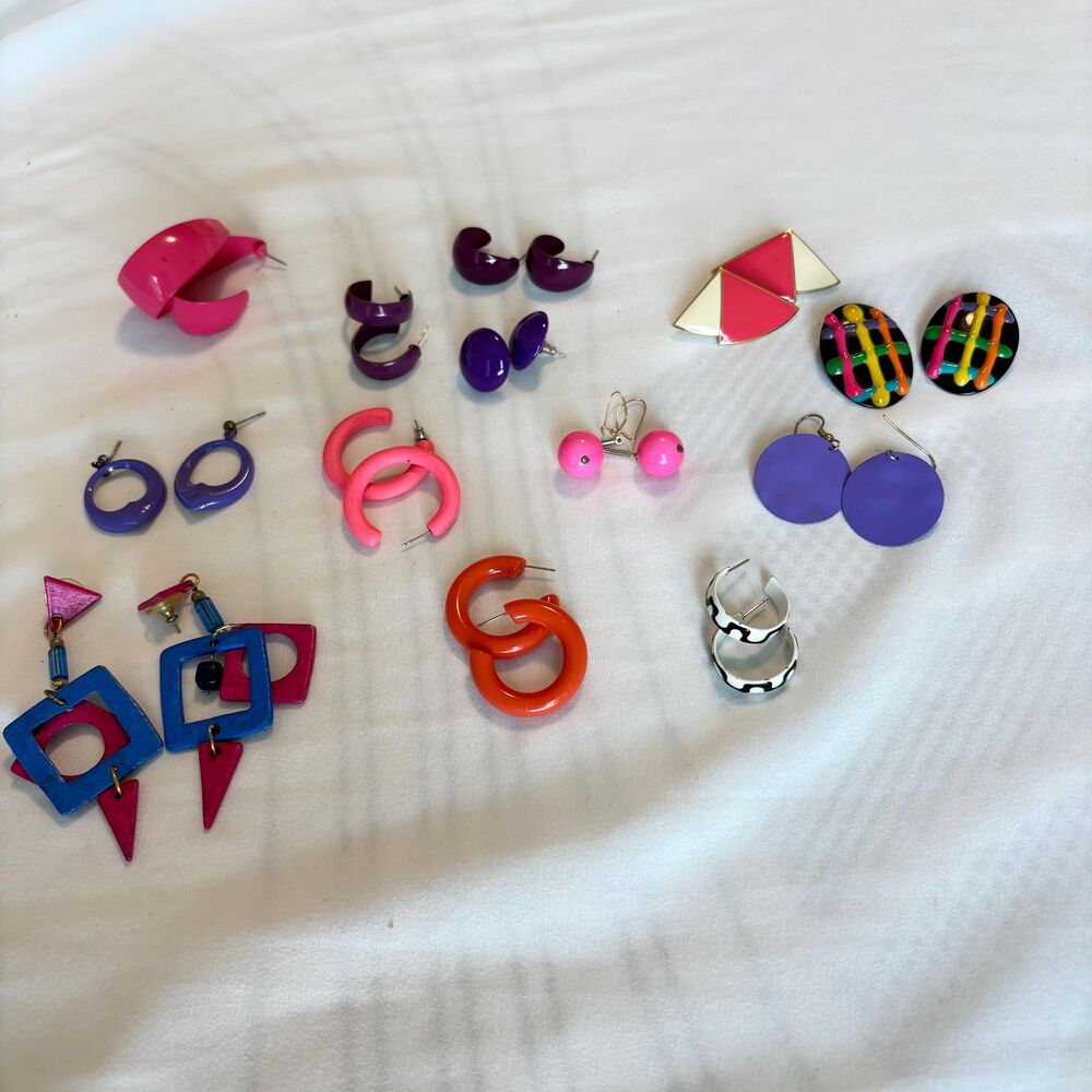 Vintage 80s Barbiecore Earrings Bundle Neon Retro Pink Purple Mod Jewelry